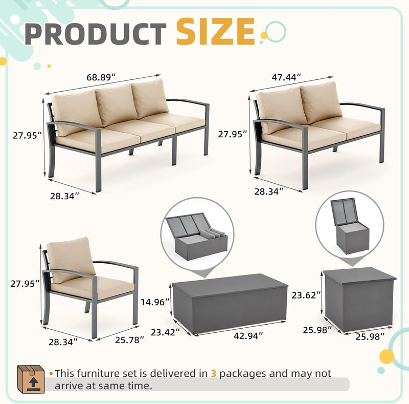 AECOJOY Metal Patio Furniture Set with Cover Outdoor Furniture sets With Storage Boxes on Sale with Beige Cushion for Balcony Porch, Lawn and More