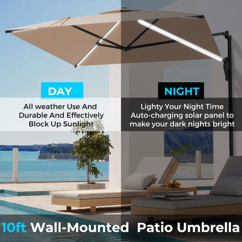 AECOJOY 10 ft Wall Mounted Patio Umbrella Outdoor Rectangle Umbrella with 180° Rotation for Outside in Beige