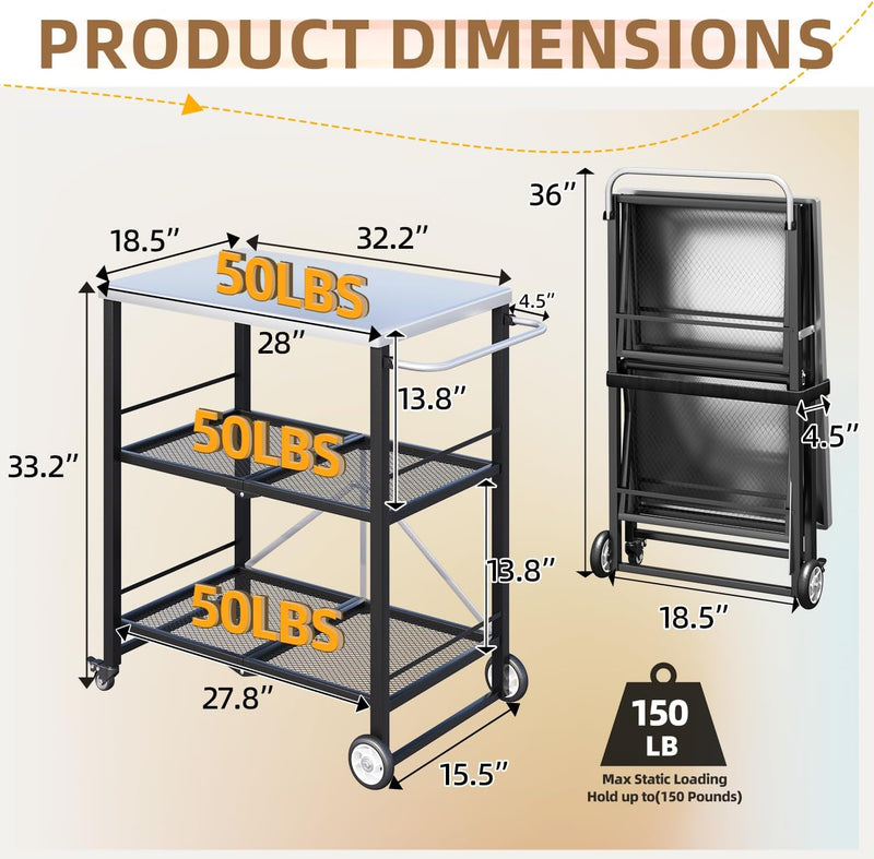 AECOJOY Foldable Outdoor Grill Cart 3 Tiers Stainless Steel Rolling Cart with Wheels Metal Utility Storage Trolley,Black