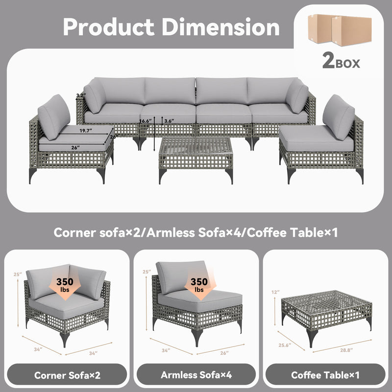 YODOLLA 7-Piece Patio Furniture Set with Tea Table, Rattan Wicker Outdoor Sectional Furniture Sofa Conversation Set, Grey Rattan&Light Grey Cushions