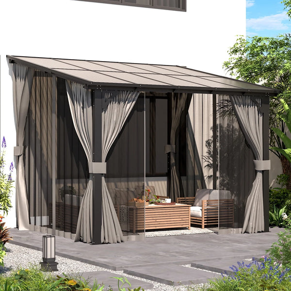 YODOLLA 10' x 8' Hardtop Gazebo Outdoor Lean to Gazebo with Netting and Curtain Aluminum Metal Pergola For Garden, Patio, Backyard-Dark Gray