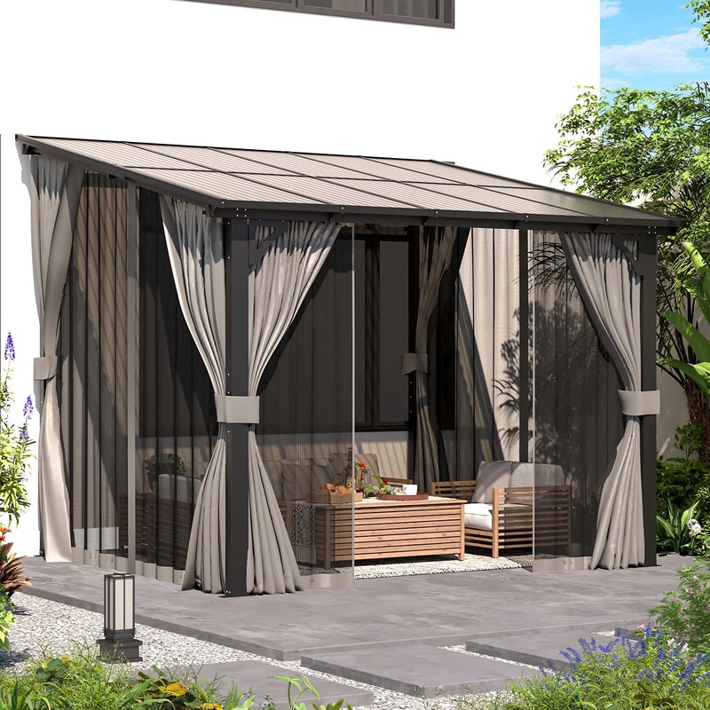 YODOLLA 10' x 8' Hardtop Gazebo Outdoor Lean to Gazebo with Netting and Curtain Aluminum Metal Pergola For Garden, Patio, Backyard-Dark Gray