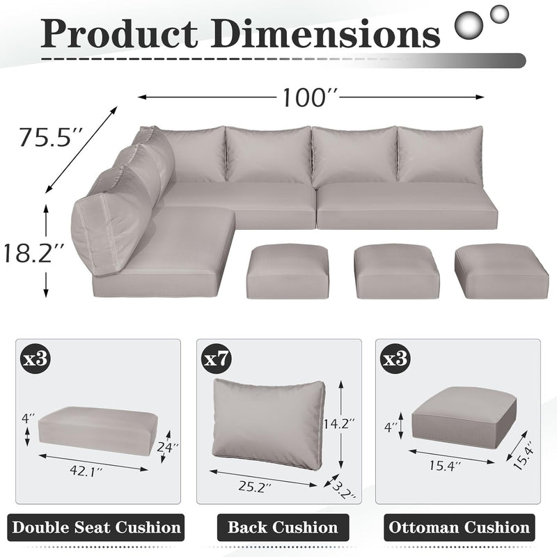 YODOLLA Outdoor Cushions, 4 inch Patio Cushions for Outdoor Furniture, Replacement Cushions Fits 7-Seats Sectional Rattan Conversation Set, Splashproof, Memory Foam Cushions and Covers (Grey)