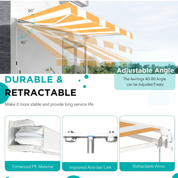 AECOJOY 13' x 8' Manual Retractable Patio Awning,Outdoor Awning Retractable Sunshade Shelter-Yellow Stripes