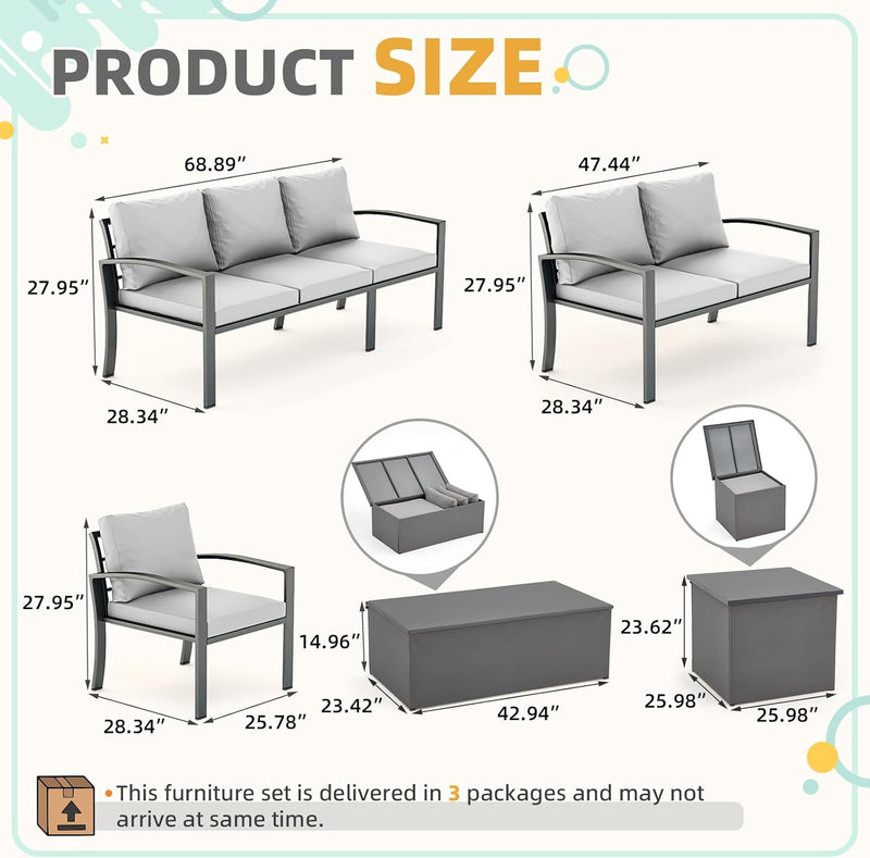 AECOJOY Patio Furniture sets Outdoor Metal Furniture sets with Two Storage Boxes on Sale Patio Conversation Set With Light Grey Cushions