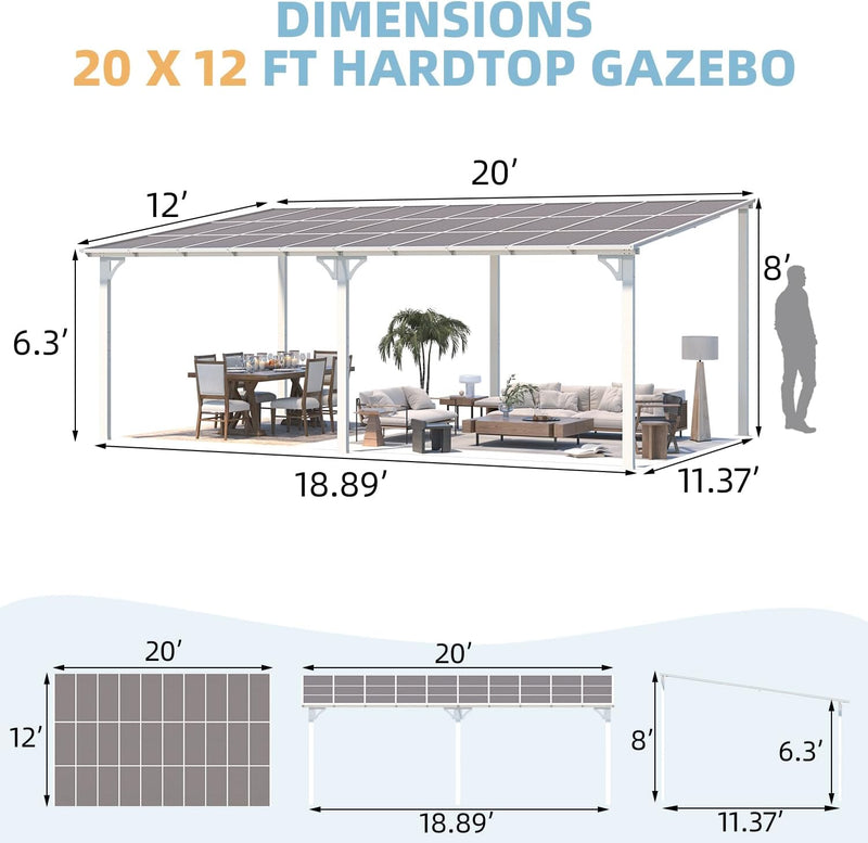 YODOLLA 12' x 20' Hardtop Gazebo Outdoor Aluminum Pergola For Garden, Patio, Backyard-White