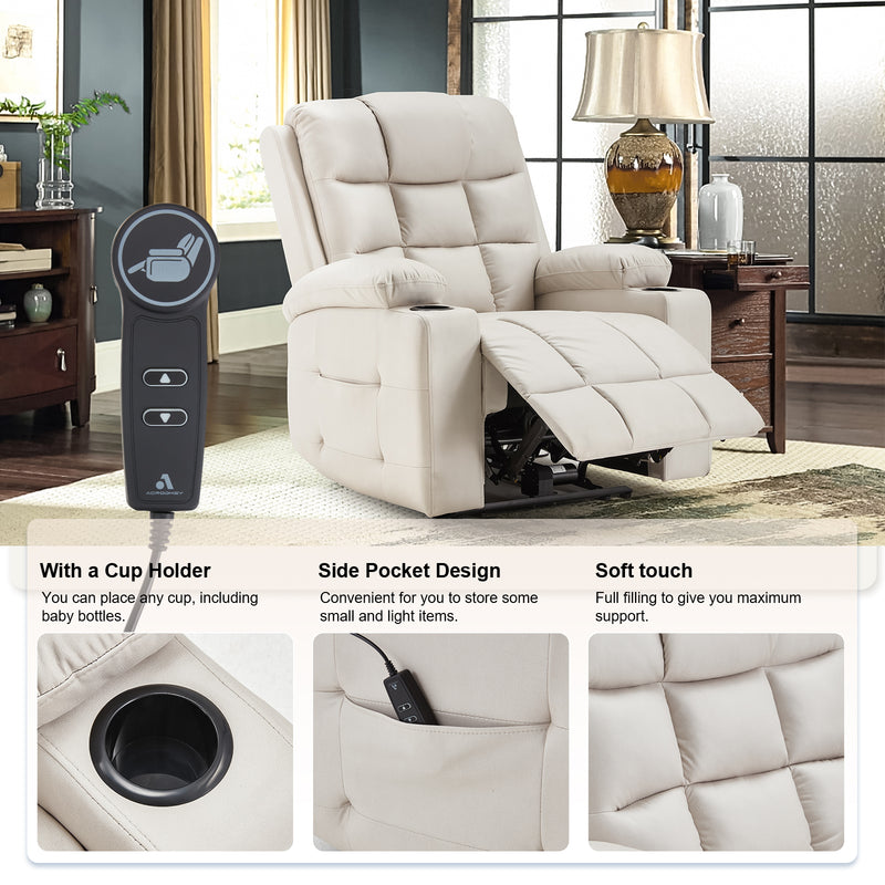 YODOLLA Oversized Nursery Electric Recliner Chair, Power Sofa with USB & Cup Holders, Breathable Leather Fabric, Home Theater Seating in White