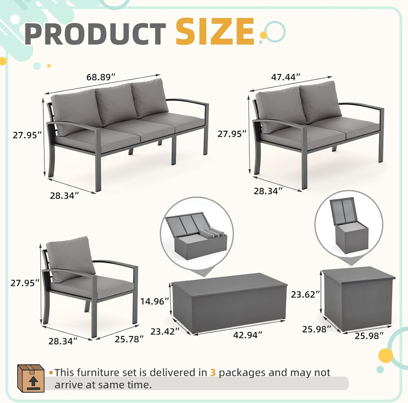 AECOJOY Metal Patio Furniture Set with Cover Outdoor Furniture sets With Storage Boxes on Sale with Grey Cushion for Balcony Porch, Lawn and More