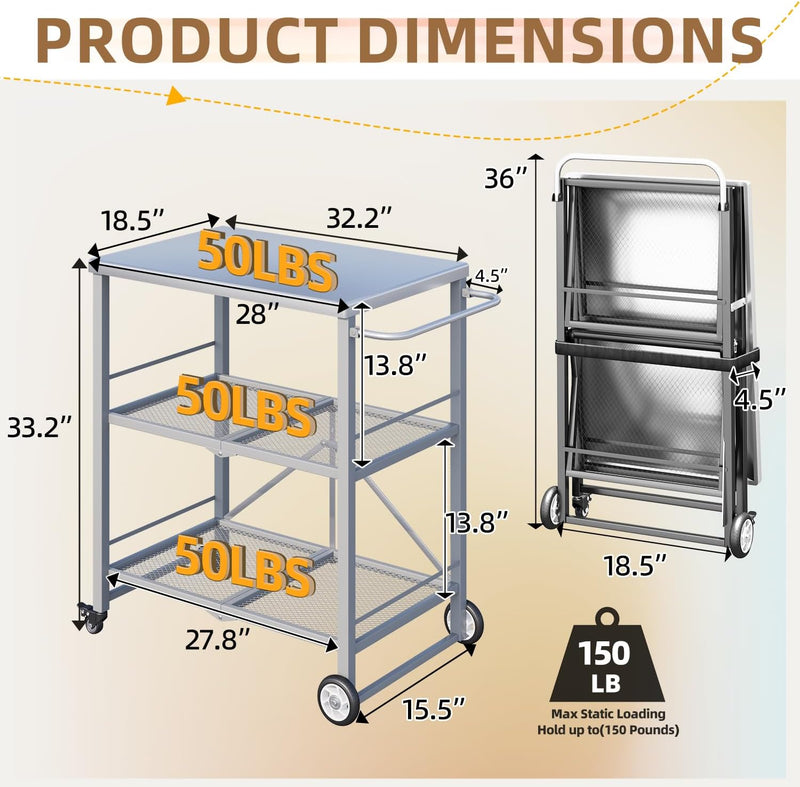 AECOJOY Foldable Outdoor Grill Cart 3 Tiers Stainless Steel Rolling Cart with Wheels Metal Utility Storage Trolley,Silver