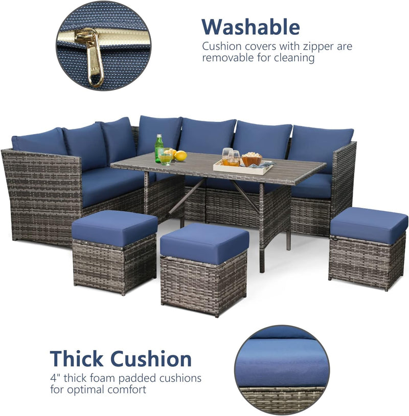 AECOJOY 7 Piece Patio Conversation Set, Outdoor Sectional Sofa Rattan Wicker Dining Furniture in Dark Blue