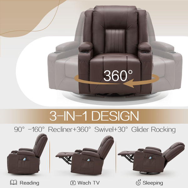 AECOJOY Massage Manual Recliner Chair with Heat and Vibration Massage, PU Leather Swivel Rocker Recliner Chair for Adults with 2 Cup Holders, Remote Control-Brown