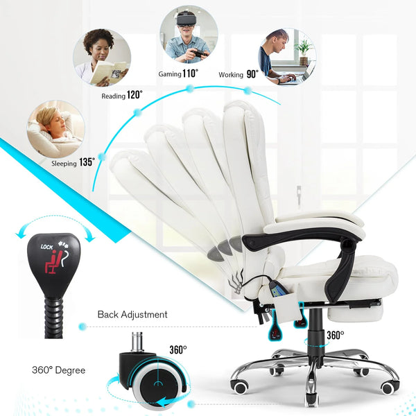 YODOLLA 7 Points Massage Office Chair with Heat Ergonomic Reclining Computer Chair High Back Desk Chair w/Retractable Footrest Ergonomic Leather Office Chair，Cream White