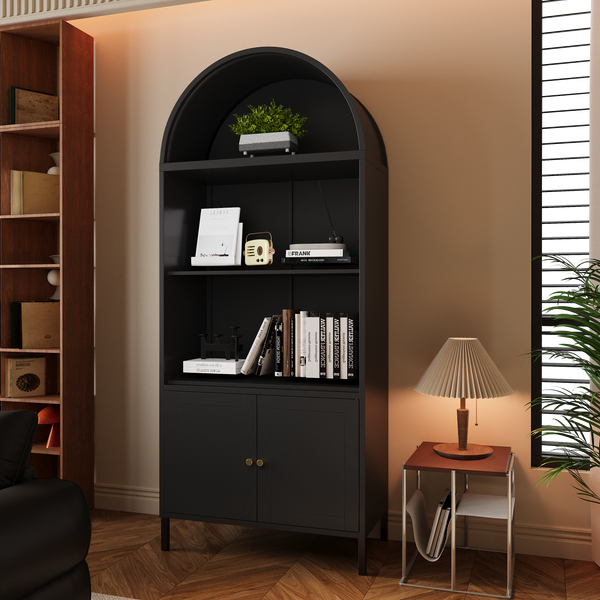 YODOLLA 73" Metal Arched Cabinet,Storage Display Arched bookcase with Open & Adjustable Shelves,Pantry,Curio Cabinet, Black