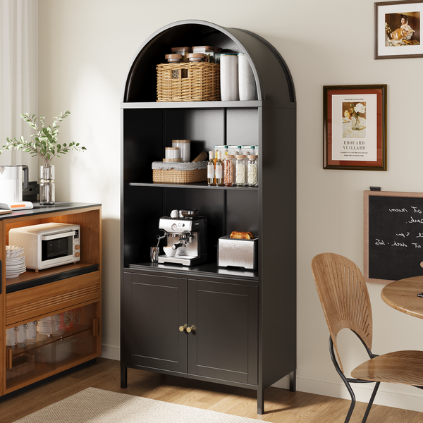 YODOLLA 73" Metal Arched Cabinet,Storage Display Arched bookcase with Open & Adjustable Shelves,Pantry,Curio Cabinet, Black