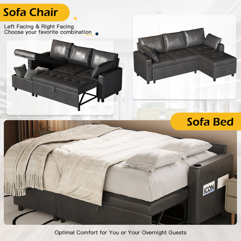 YODOLLA Sofa Bed, 3 in 1 Sleeper Sofa with Storage Chair, Faux Leather L Shape Couch, Sectional Pull Out Sofa Bed Mid Century Modern Couch for Living Room Clearance, Comfy Sleeper Couch in Black
