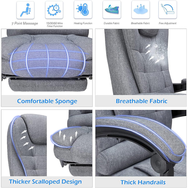 AECOJOY Ergonomic Office Chair with Heat &7 Points Massage High Back Desk Chair w/Retractable Footrest, Executive Swivel Fabric Reclining Chair for Office, Home, Study, Grey