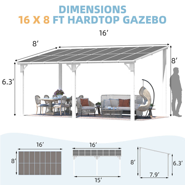 AECOJOY 8' x 16' Hardtop Gazebo Outdoor Aluminum Pergola For Garden, Patio, Backyard-White