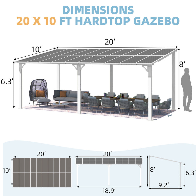 AECOJOY 10' x 20' Hardtop Gazebo Outdoor Aluminum Pergola For Garden, Patio, Backyard-White