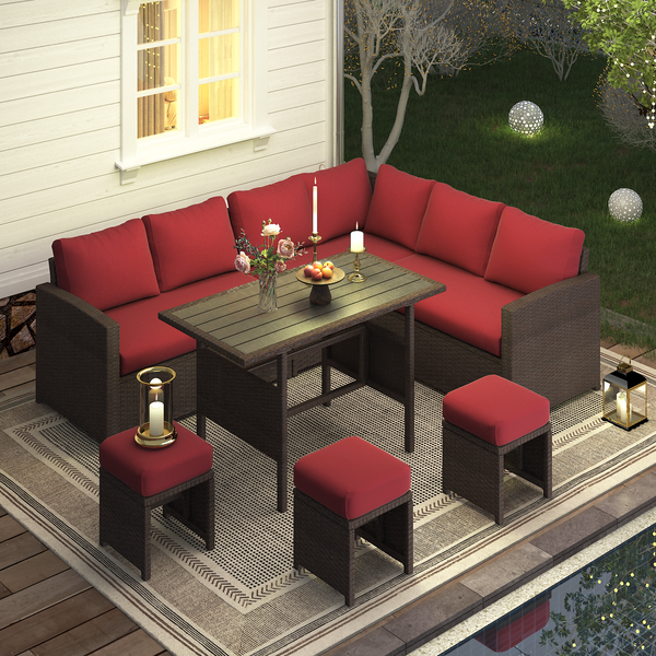 AECOJOY 7 Piece Patio Furniture Set PE Rattan Outdoor Dining Set Sectional Sofa Couch with Table Patio Conversation Set in Wine Red