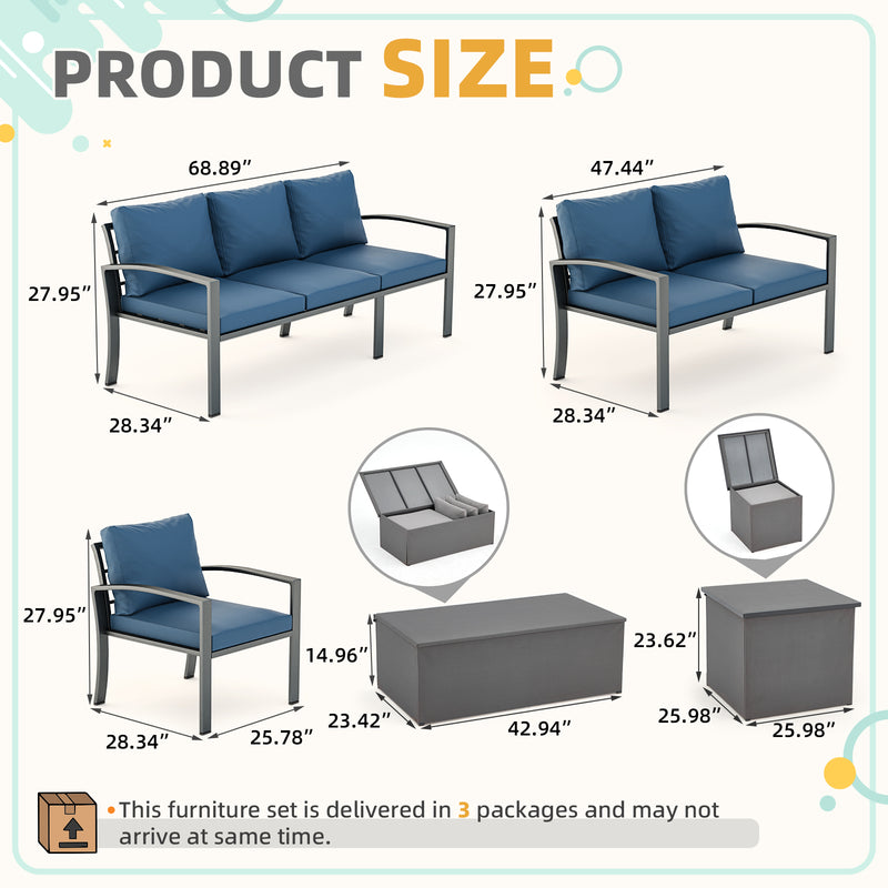 AECOJOY Metal Patio Furniture Set with Cover Outdoor Furniture sets With Storage Boxes on Sale with Blue Cushion for Balcony Porch, Lawn and More