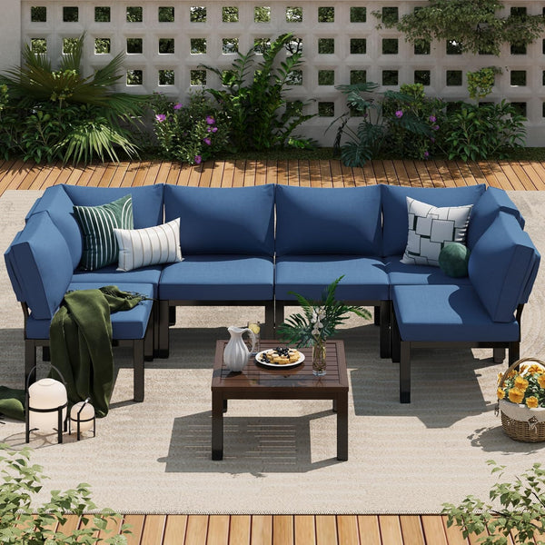 AECOJOY 7 Pieces Metal Outdoor Sectional Sofa with Waterproof Cover,Patio Furniture Sets on Sales Patio Conversation Set with Coffee Table Clearance,Blue