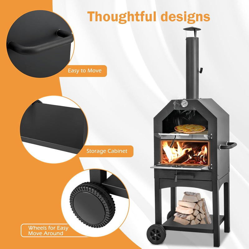 YODOLLA Outdoor Pizza Oven with Waterproof Cover Portable Wood Fired Pizza Oven with Side Handles &Two Wheels Grill Rack for Backyard