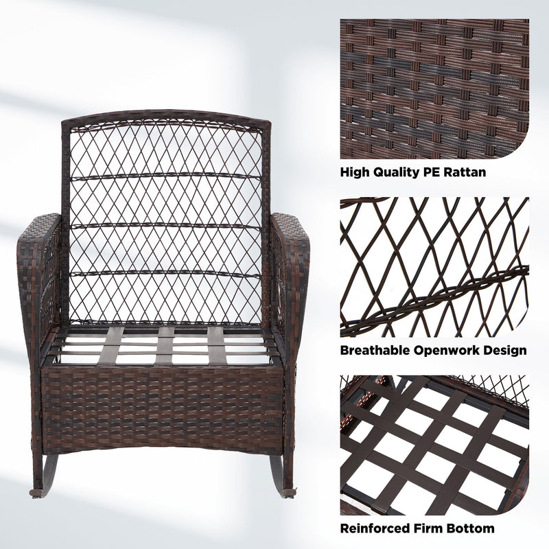 3-Piece Rattan Rocking Bistro Set with Glass Coffee Table for Porch & Garden