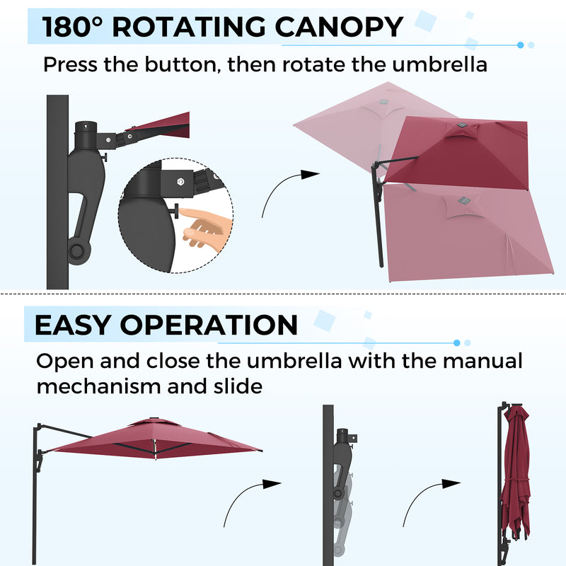 AECOJOY 10 ft Wall Mounted Patio Umbrella with Solar LED Lights Outdoor Rectangle Umbrella with 180° Rotation for Outside in Red