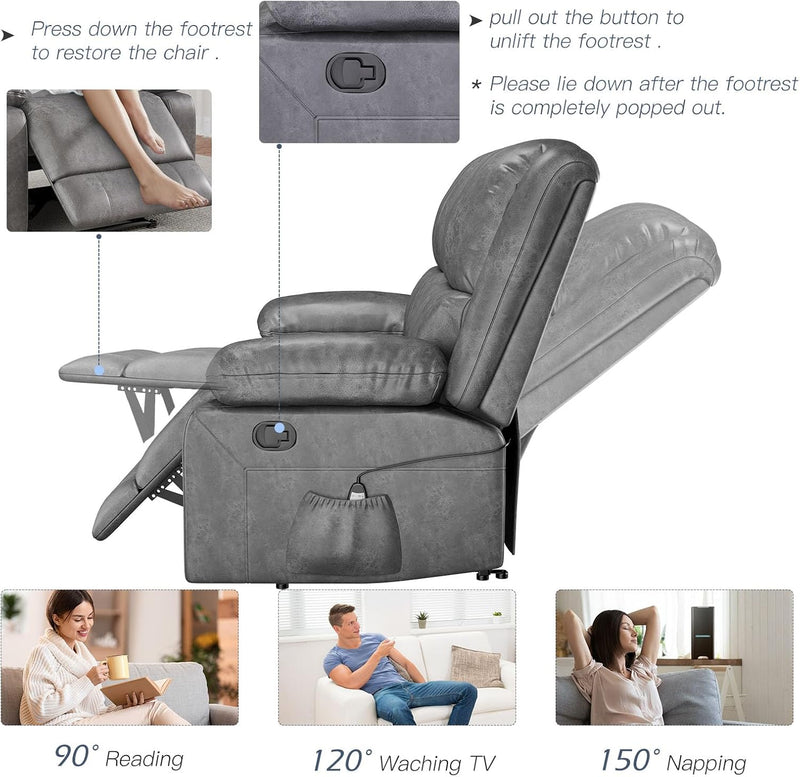 AECOJOY 3 Pieces Recliner Sofa Set with Massage Heated Function, Home Theater Seating Leather Couch Set with Side Pockets, Gray