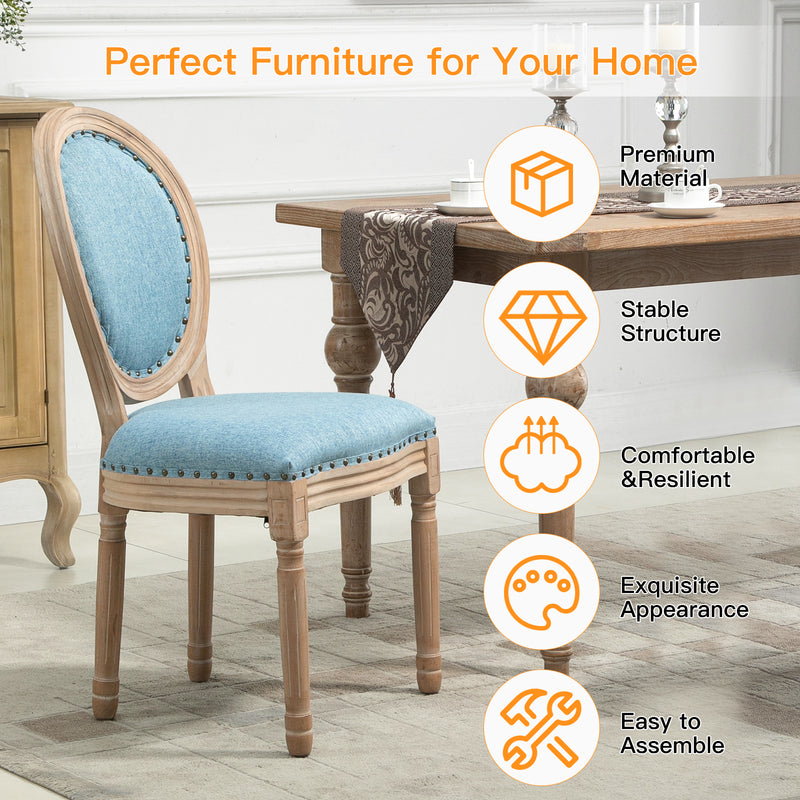 AVAWING French Country Dining Chairs Set of 4, Farmhouse Fabric Dining Room Chairs Vintage Chair with Round Back, Solid Wood Legs Kitchen Chair for Dining Room/Living Room/Kitchen/Restaurant, Blue