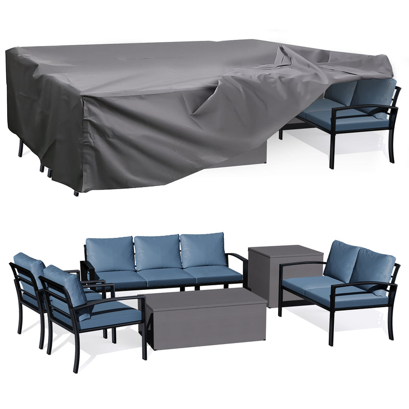 AECOJOY Metal Patio Furniture Set with Cover Outdoor Furniture sets With Storage Boxes on Sale with Blue Cushion for Balcony Porch, Lawn and More
