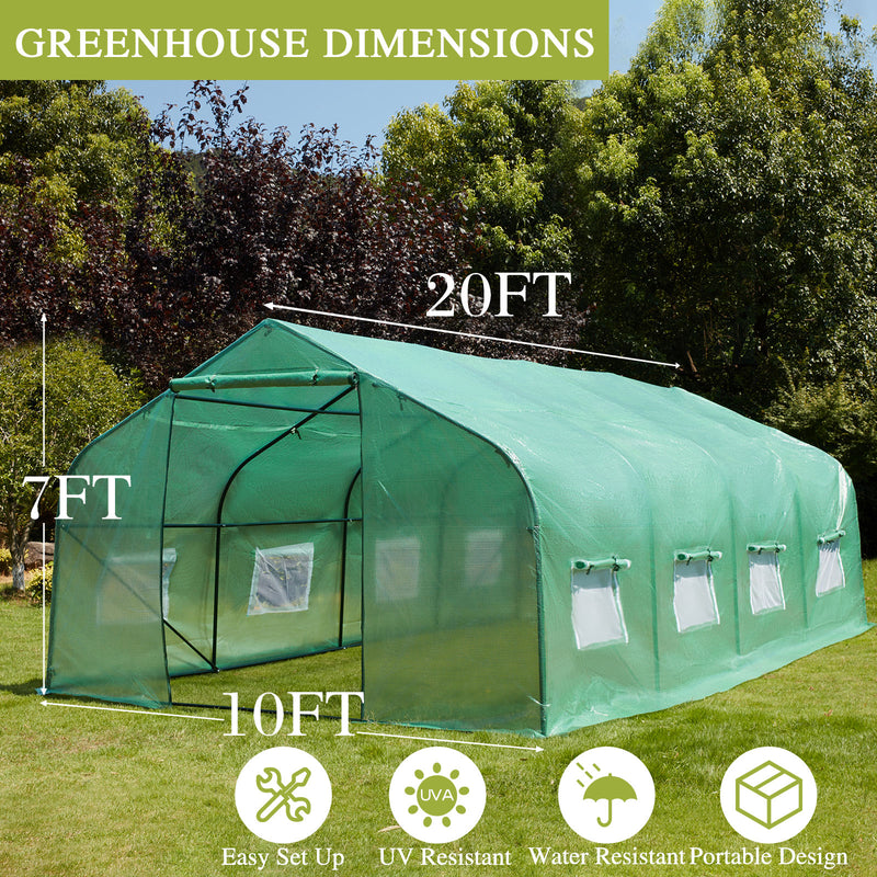 AVAWING Large Outdoor Greenhouse, 20x10x7 ft Walk in Greenhouse Tunnel with Heavy Duty Galvanized Steel Frame, Zippered Door & 8 Roll-up Windows Green Houses for Outside Garden Plant, Green