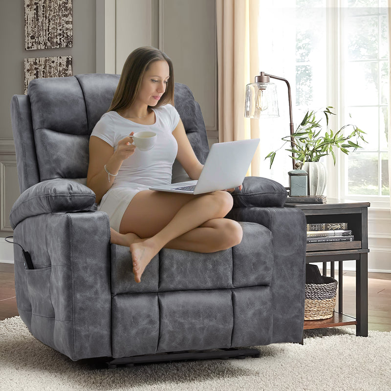 YODOLLA Oversized Nursery Electric Recliner Chair, Power Sofa with USB & Cup Holders, Breathable Leather Fabric, Home Theater Seating in Bronze Dark Grey