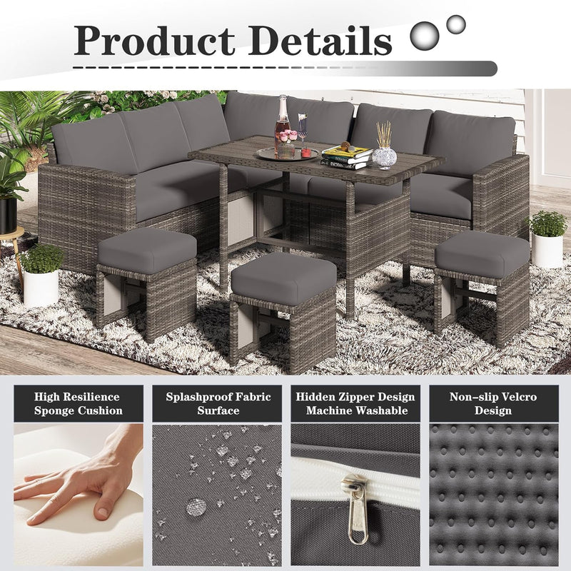 YODOLLA Outdoor Cushions, 4 inch Patio Cushions for Outdoor Furniture, Replacement Cushions Fits 7-Seats Sectional Rattan Conversation Set, Splashproof, Memory Foam Cushions and Covers (Dark Grey)