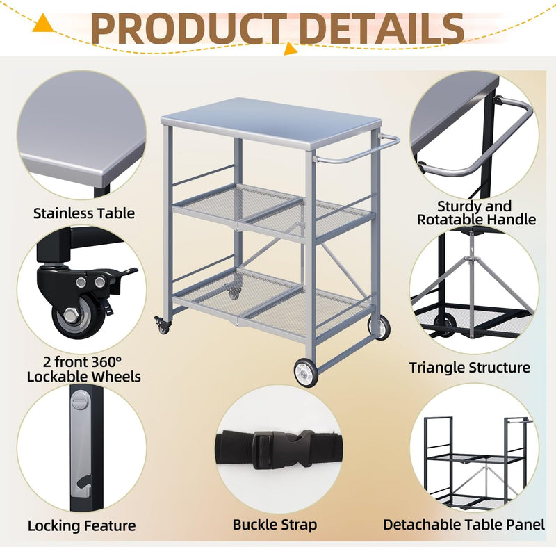 AECOJOY Foldable Outdoor Grill Cart 3 Tiers Stainless Steel Rolling Cart with Wheels Metal Utility Storage Trolley,Silver