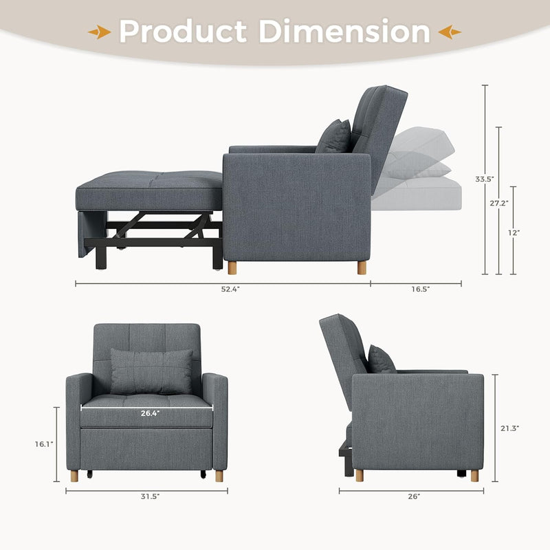 AECOJOY Sleeper Chair Bed 3 in 1 Sofa Bed for Adults Fold Out Sofa Convertible Reading Chair,Dark Grey