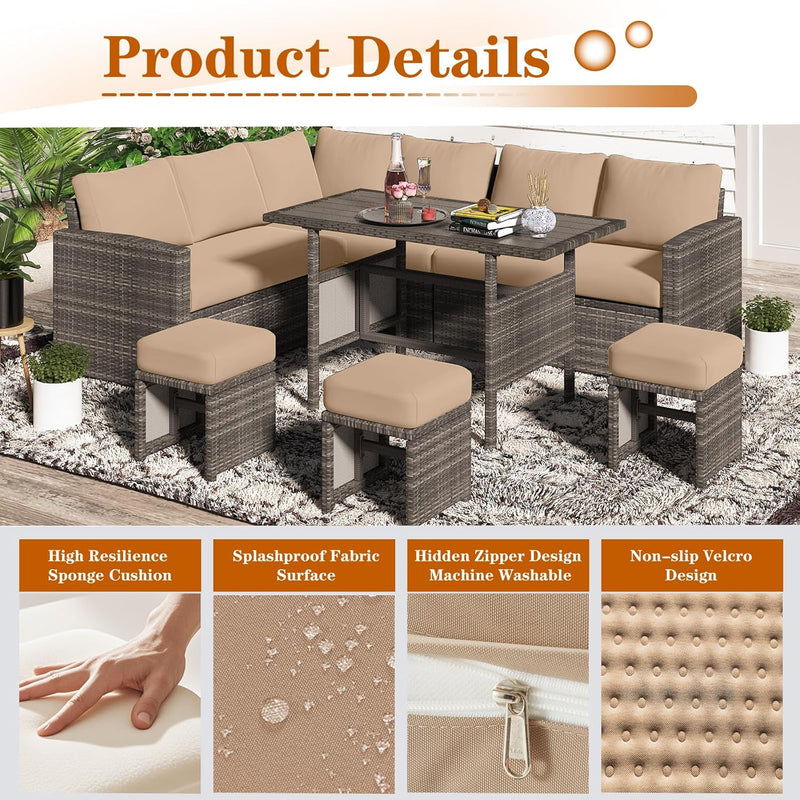 YODOLLA Outdoor Cushions, 4 inch Patio Cushions for Outdoor Furniture, Replacement Cushions Fits 7-Seats Sectional Rattan Conversation Set, Splashproof, Memory Foam Cushions and Covers (Beige)