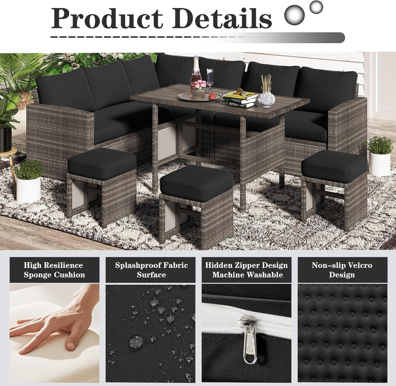 YODOLLA Outdoor Cushions, 4 inch Patio Cushions for Outdoor Furniture, Replacement Cushions Fits 7-Seats Sectional Rattan Conversation Set, Splashproof, Memory Foam Cushions and Covers (Black)