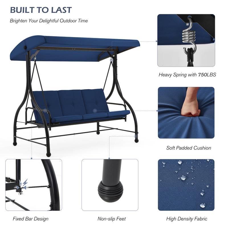 AECOJOY 3 Person Canopy Steel Porch Swing, Converting Swing Glider Hammock-Dark Blue