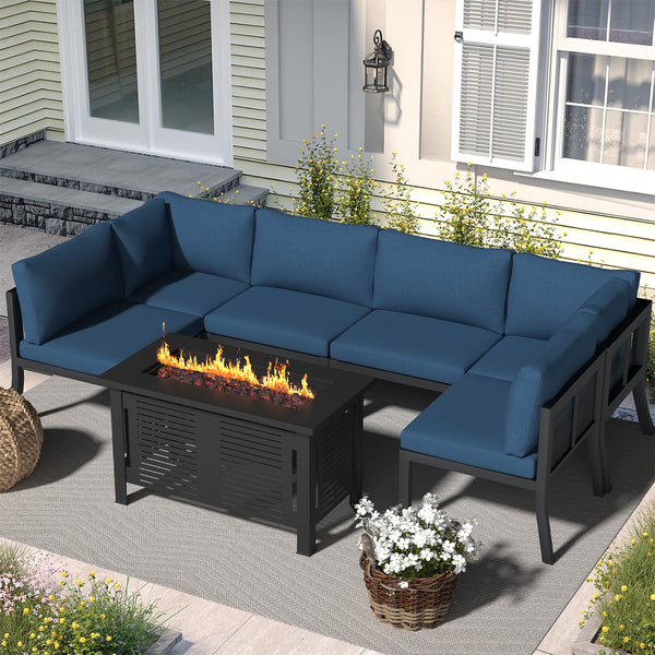YODOLLA 7 Pieces Metal Outdoor Conversation Sets with Cushions and 43" Fire Pit Table, Blue