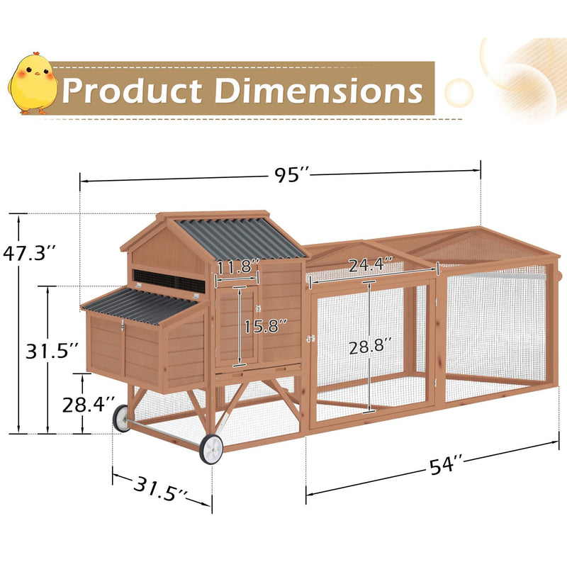 YODOLLA 95" Chicken Coop with Wheels, Poultry Cage Wooden Chicken Hutch Tractor with Run, Nesting Boxes, Ramps, Removable Tray, Natural Wood
