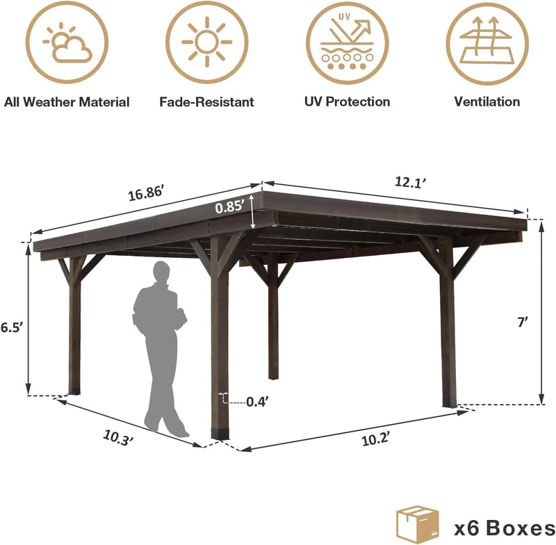 YODOLLA 17x12ft Wooden Carport Garage Outdoor Gazebo Wooden Pergola for Backyard, Coffee