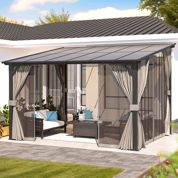 YODOLLA 12' x 10' Hardtop Gazebo Outdoor Lean to Gazebo with Netting and Curtain Aluminum Metal Pergola For Garden, Patio, Backyard-Dark Gray
