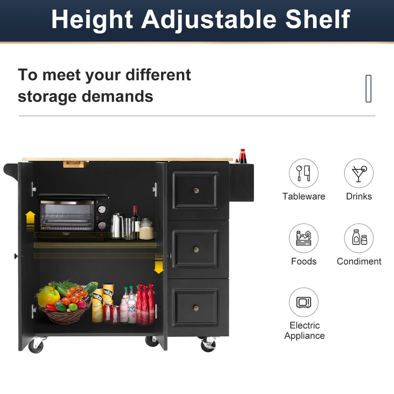 AVAWING Rolling Kitchen Island Cart with Storage,Wood Tabletop Kitchen Cart w/ 2 Wheels, Trolley Cart Utility Cabinet, Towel Rack, Spice Rack, Black