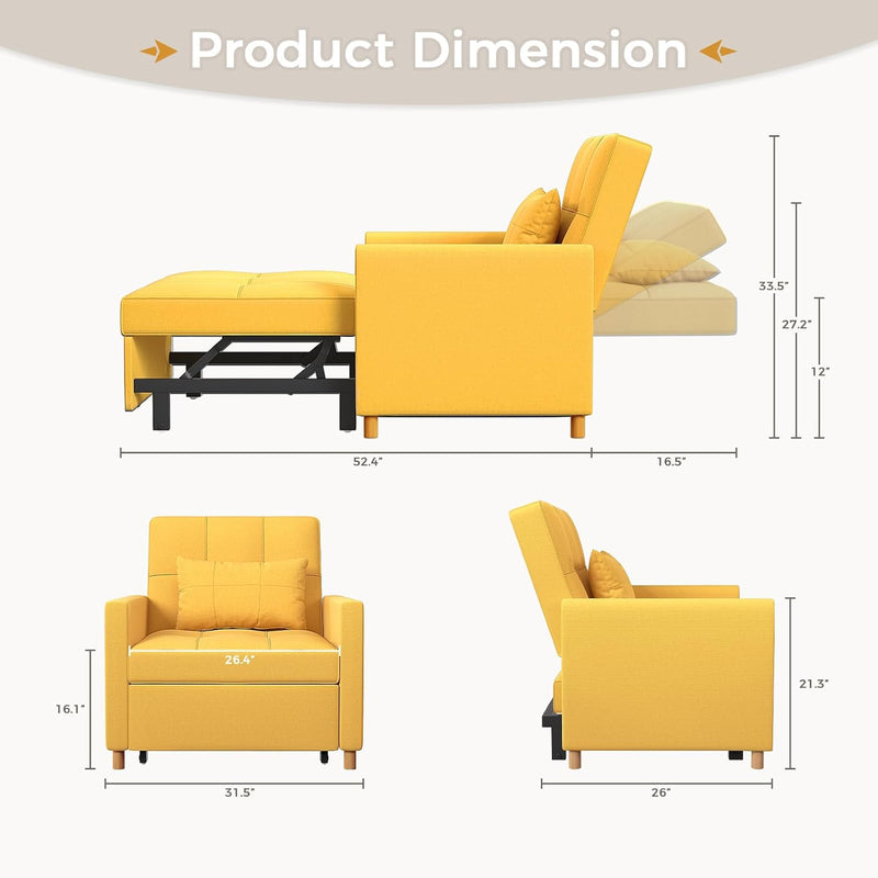 AECOJOY Sleeper Chair Bed 3 in 1 Sofa Bed for Adults Fold Out Sofa Convertible Reading Chair,Luminous Yellow