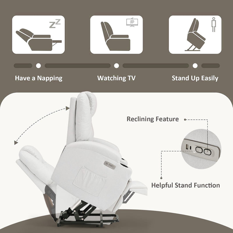 YODOLLA Danrelax Power Lift Chair Recliner Sofa for Elderly, Heavy Duty & Safety Motion Reclining Mechanism, 2 Side Pockets and Cup Holders, USB Ports,White