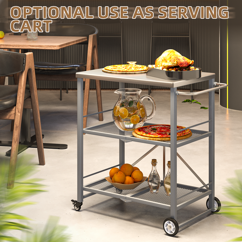 YODOLLA Foldable Outdoor Grill Cart 3 Tiers Stainless Steel Rolling Cart with Wheels Metal Utility Storage Trolley,Silver