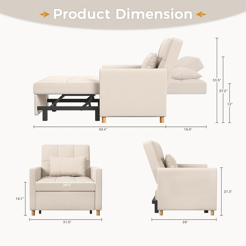 AECOJOY Sleeper Chair Bed 3 in 1 Sofa Bed for Adults Fold Out Sofa Convertible Reading Chair,Cream Beige