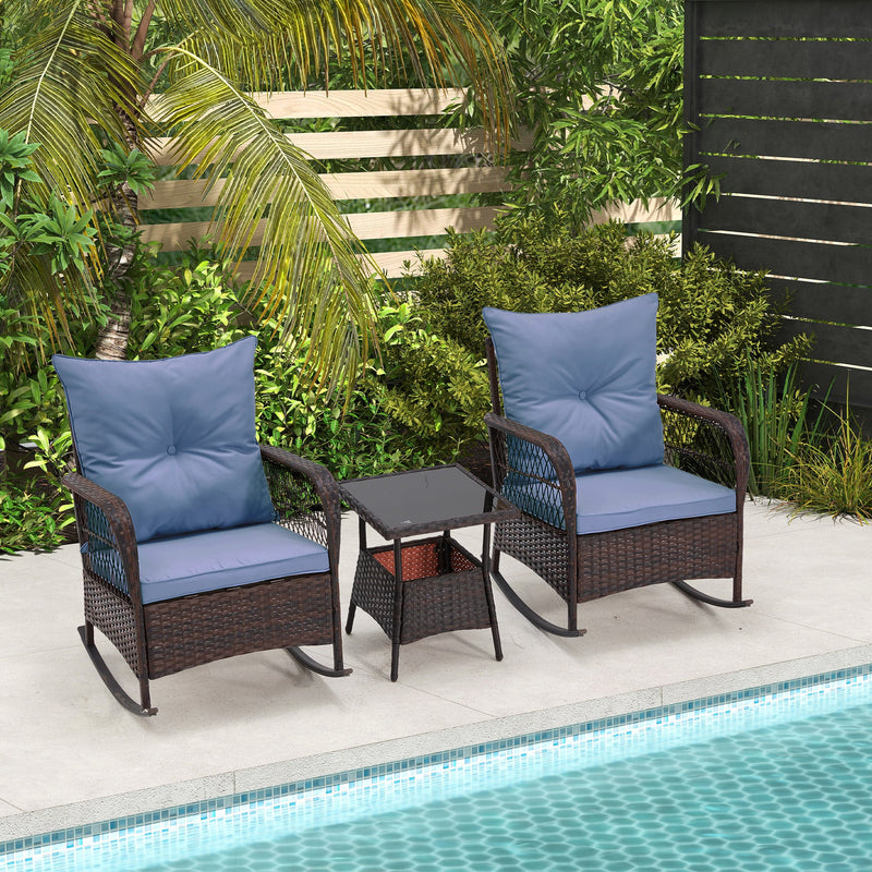 3-Piece Rattan Rocking Bistro Set with Glass Coffee Table for Porch & Garden