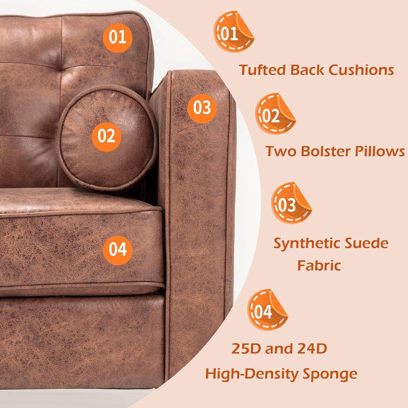 Esright 84.2" Faux Leather Couch, Mid-Century Modern Sofa Couches with 2 Bolster Pillows, 3 Seats Brown Leather Couch Sofa for Living Room, Bedroom, Office, Studio and More
